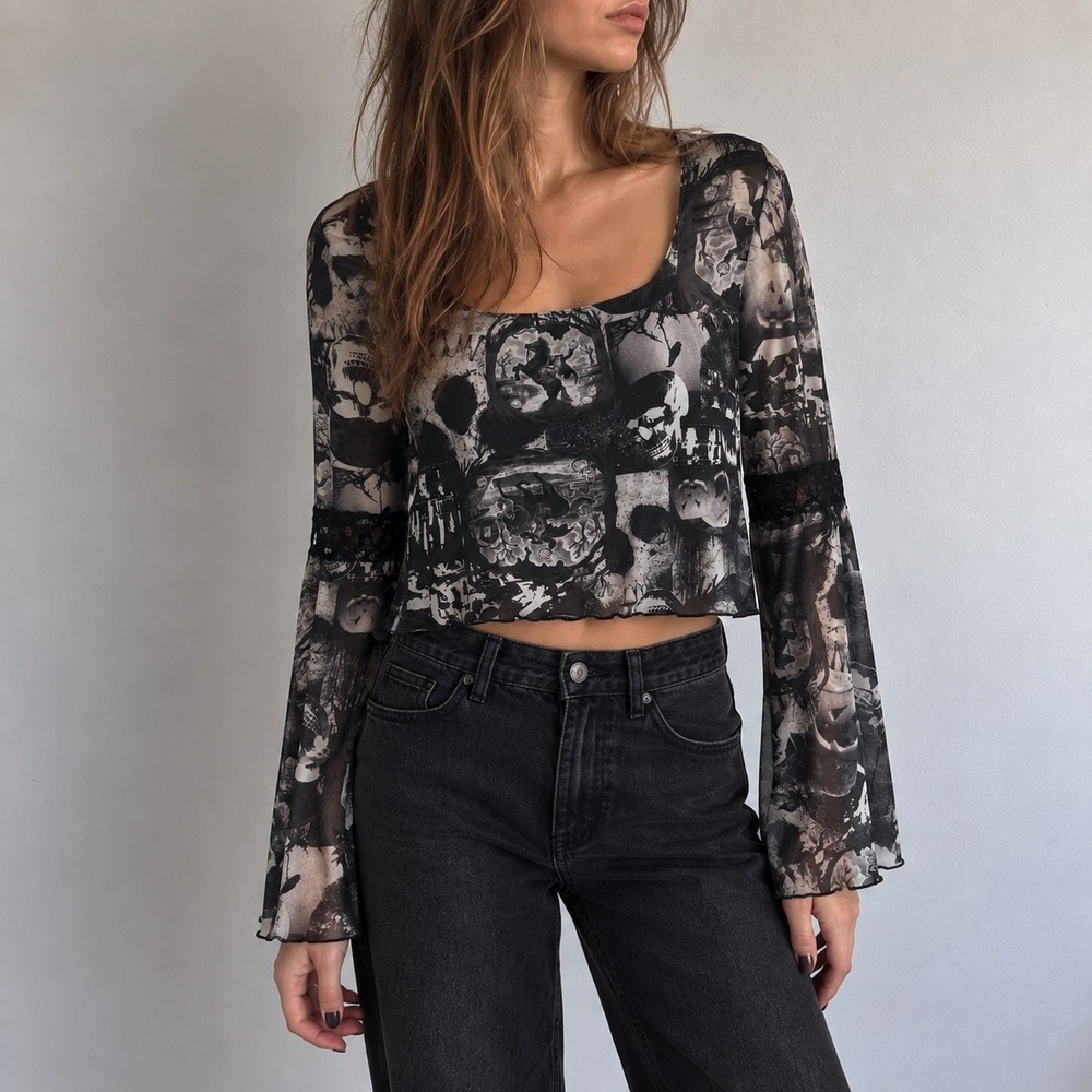 Social Collision Halloween Mesh Top Medium Goth Fairy Grunge Bell Sleeve